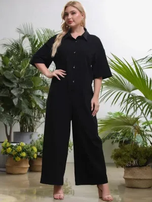 CM-JPS325551 Women Plus Size Short Sleeve Drop Shoulder Shirt Jumpsuit - Black