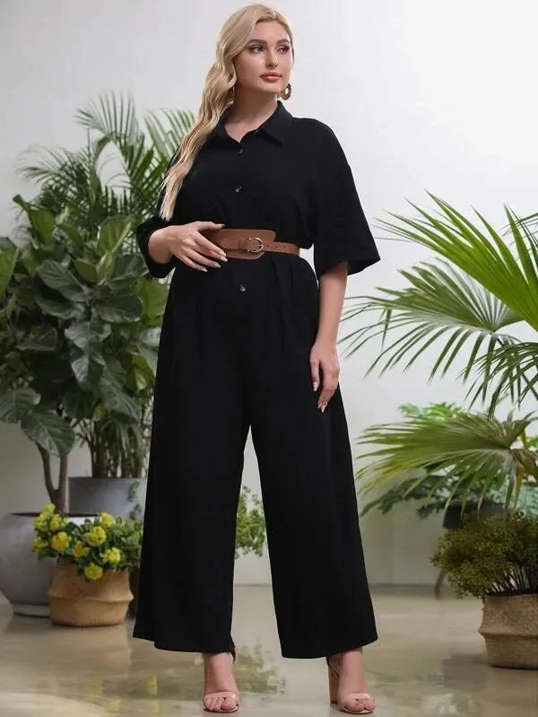 CM-JPS325551 Women Plus Size Short Sleeve Drop Shoulder Shirt Jumpsuit - Black