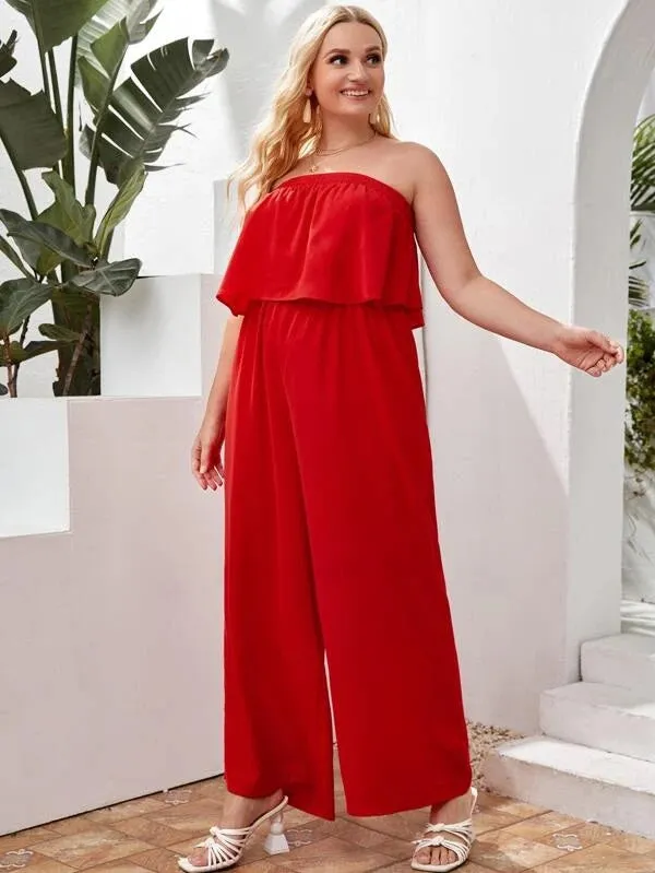 CM-JPS407527 Women Plus Size Strapless Wide Leg Solid Tube Jumpsuit - Red