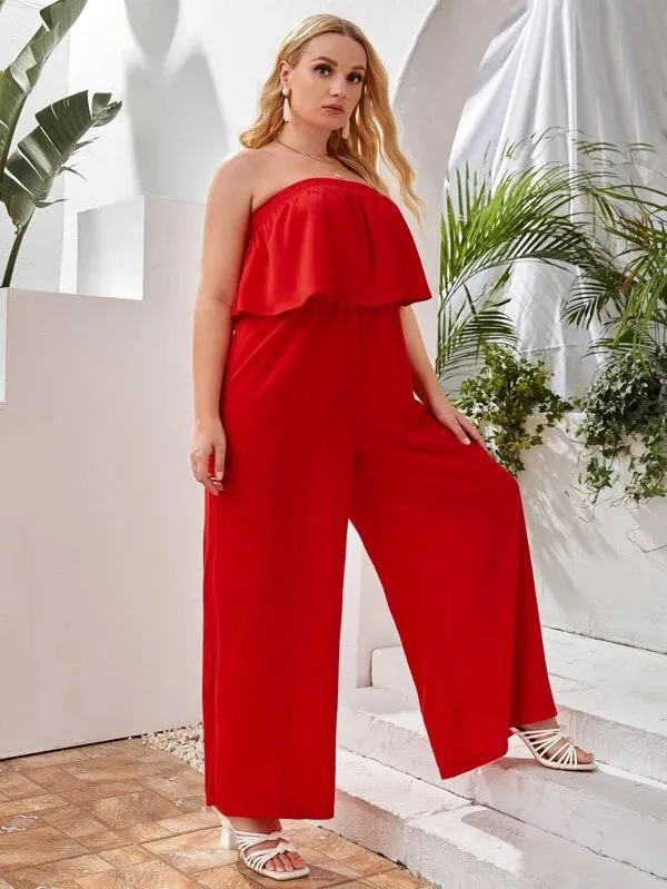 CM-JPS407527 Women Plus Size Strapless Wide Leg Solid Tube Jumpsuit - Red