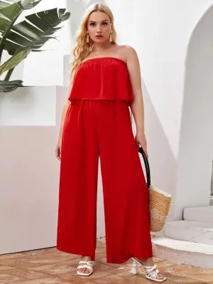 CM-JPS407527 Women Plus Size Strapless Wide Leg Solid Tube Jumpsuit - Red