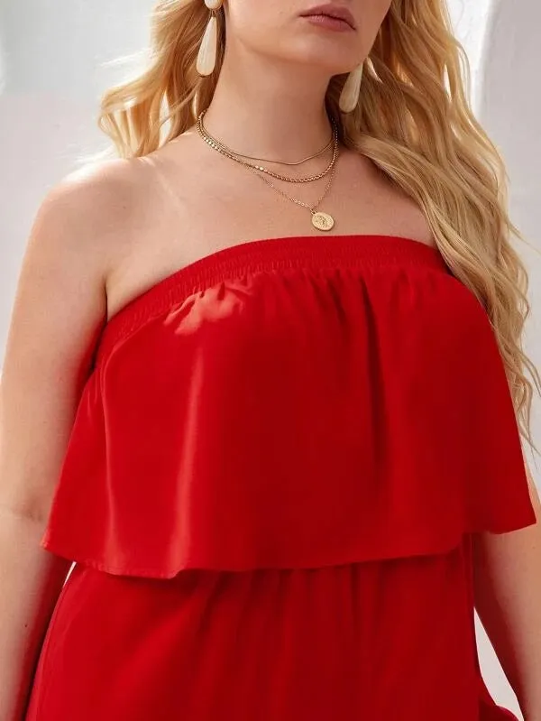 CM-JPS407527 Women Plus Size Strapless Wide Leg Solid Tube Jumpsuit - Red