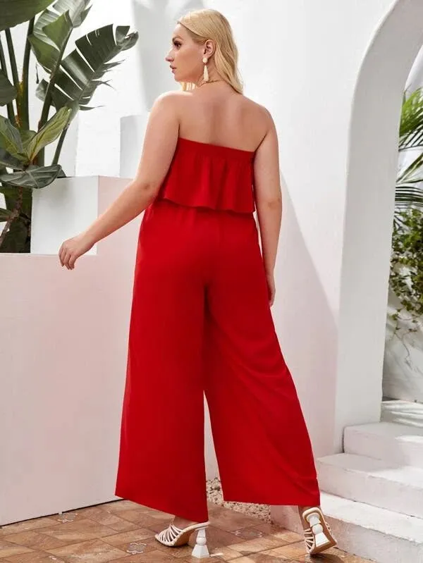 CM-JPS407527 Women Plus Size Strapless Wide Leg Solid Tube Jumpsuit - Red