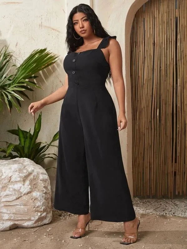 CM-JPS409513 Women Plus Size Sleeveless Ruffle Trimmed Wide Leg Jumpsuit - Black