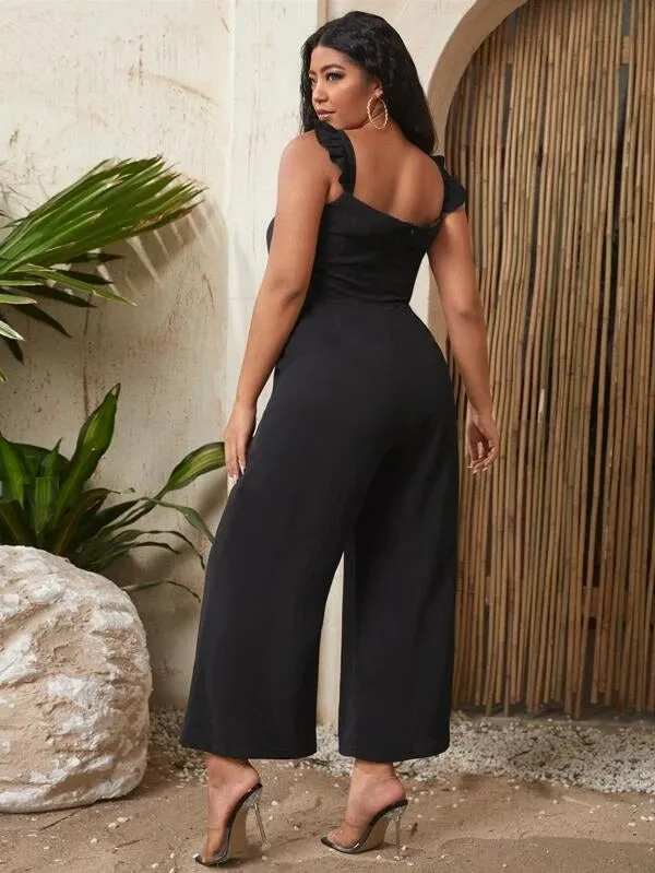 CM-JPS409513 Women Plus Size Sleeveless Ruffle Trimmed Wide Leg Jumpsuit - Black