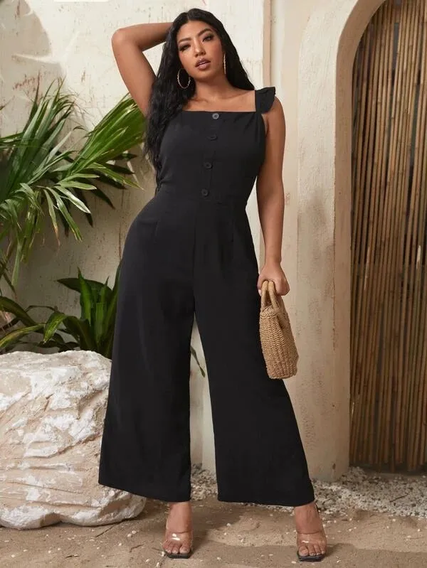CM-JPS409513 Women Plus Size Sleeveless Ruffle Trimmed Wide Leg Jumpsuit - Black