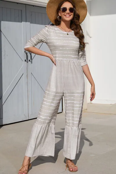 Coco Striped Round Neck Long Sleeve Jumpsuit