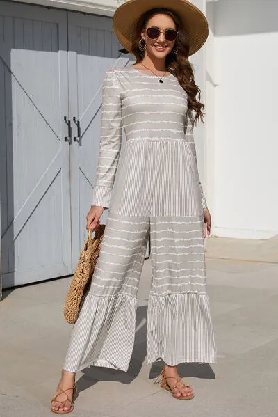 Coco Striped Round Neck Long Sleeve Jumpsuit
