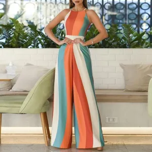 Color block Stripes Print Spaghetti Strap Wide Leg Pants Jumpsuit