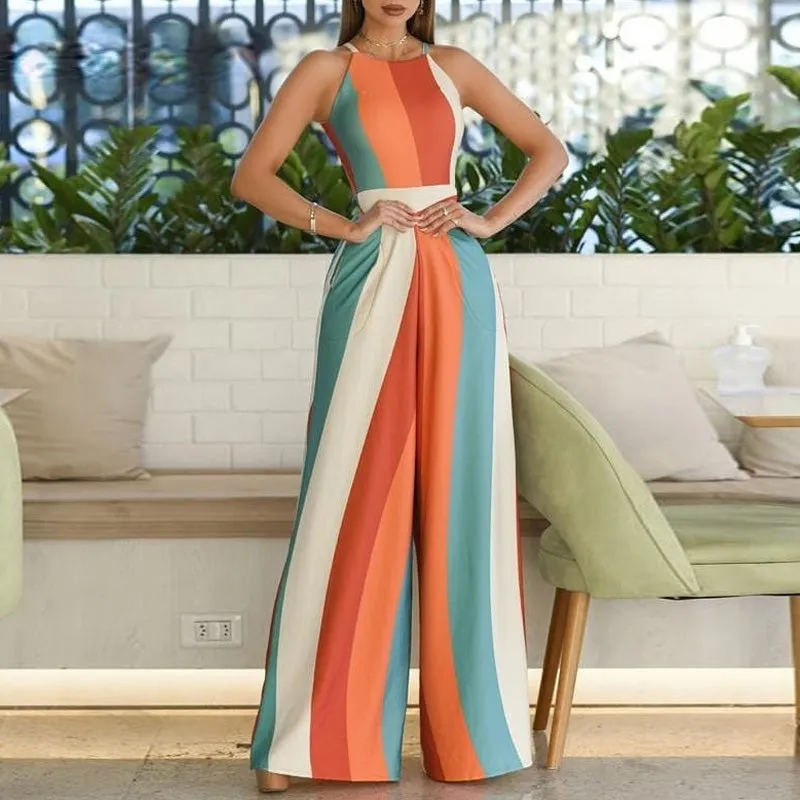 Color block Stripes Print Spaghetti Strap Wide Leg Pants Jumpsuit