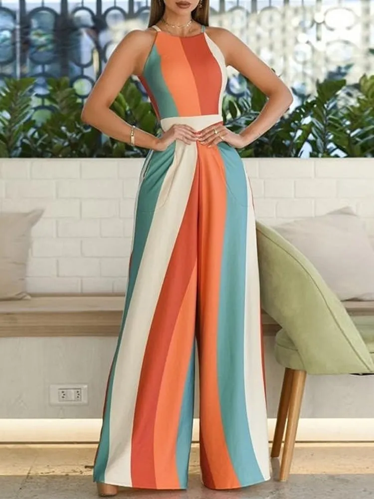 Color block Stripes Print Spaghetti Strap Wide Leg Pants Jumpsuit