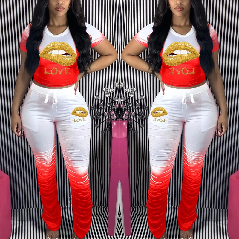 Colorblock Lips Pattern Top & Pants Set
