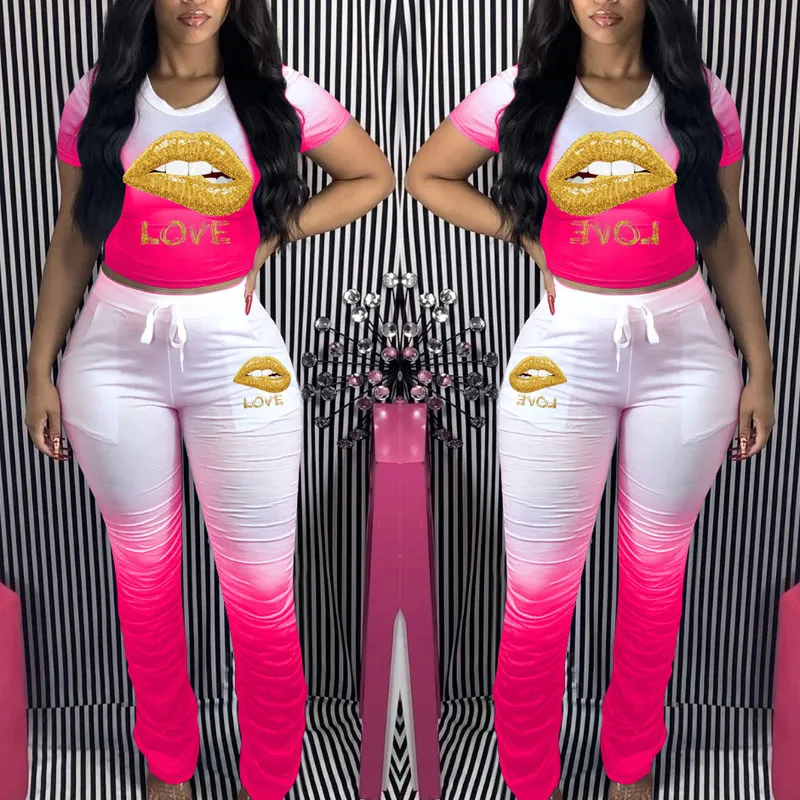 Colorblock Lips Pattern Top & Pants Set