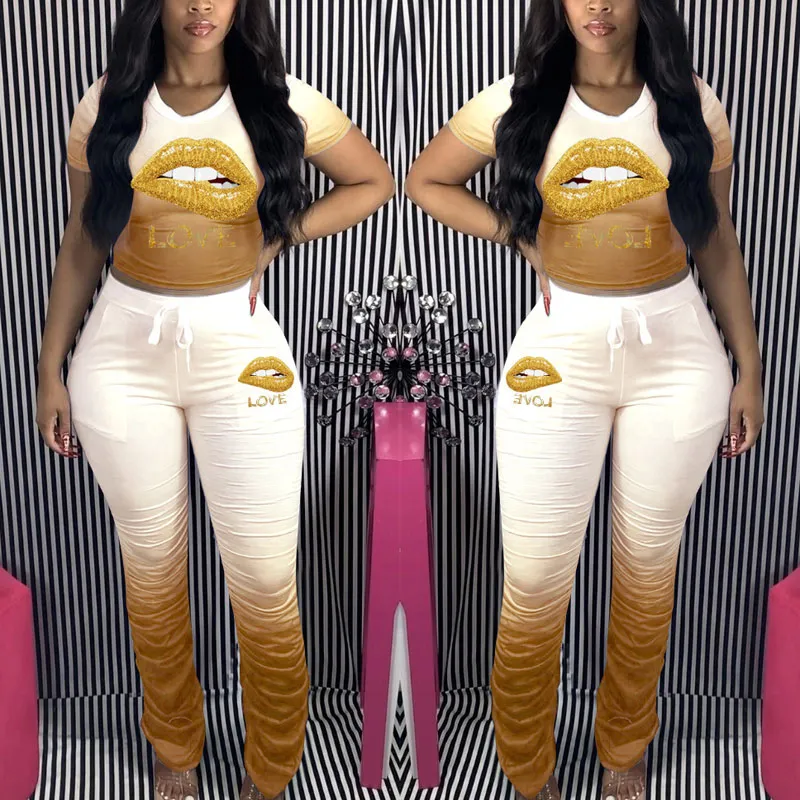 Colorblock Lips Pattern Top & Pants Set