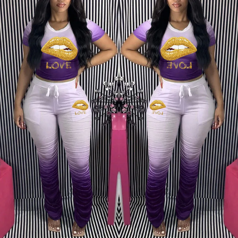 Colorblock Lips Pattern Top & Pants Set