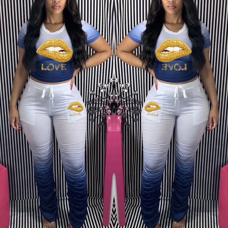 Colorblock Lips Pattern Top & Pants Set