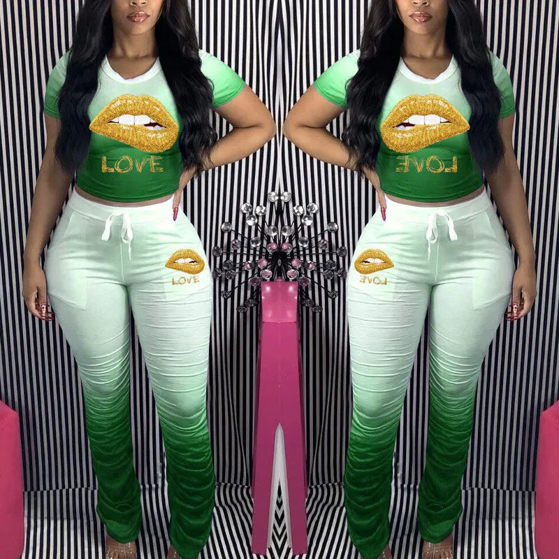Colorblock Lips Pattern Top & Pants Set
