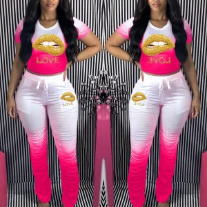 Colorblock Lips Pattern Top & Pants Set