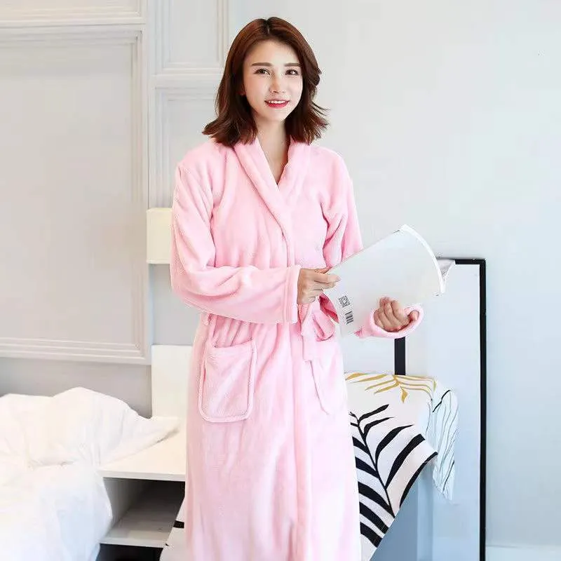 Coral Fleece Nightgown Women's Spring Thickening Flannel Bathrobes Ladies Pajamas Dress Home Wear Solid Color Robes Sleepwear