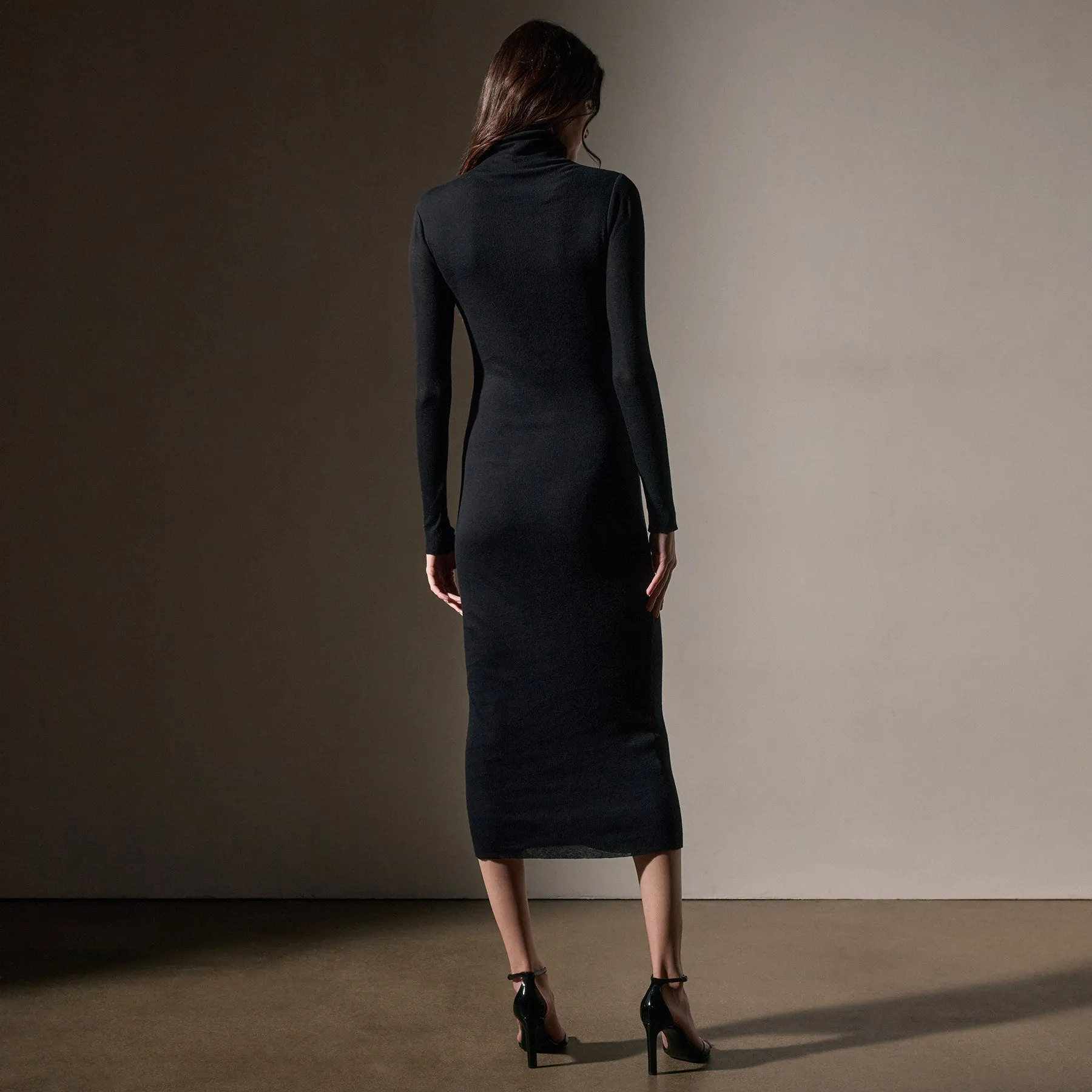 Cotton Cashmere Blend Rib Funnel Neck Dress - Black