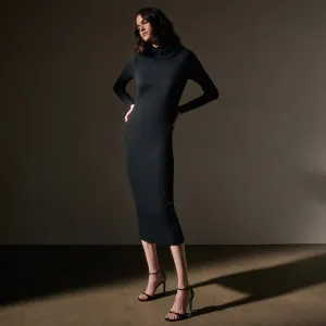 Cotton Cashmere Blend Rib Funnel Neck Dress - Black