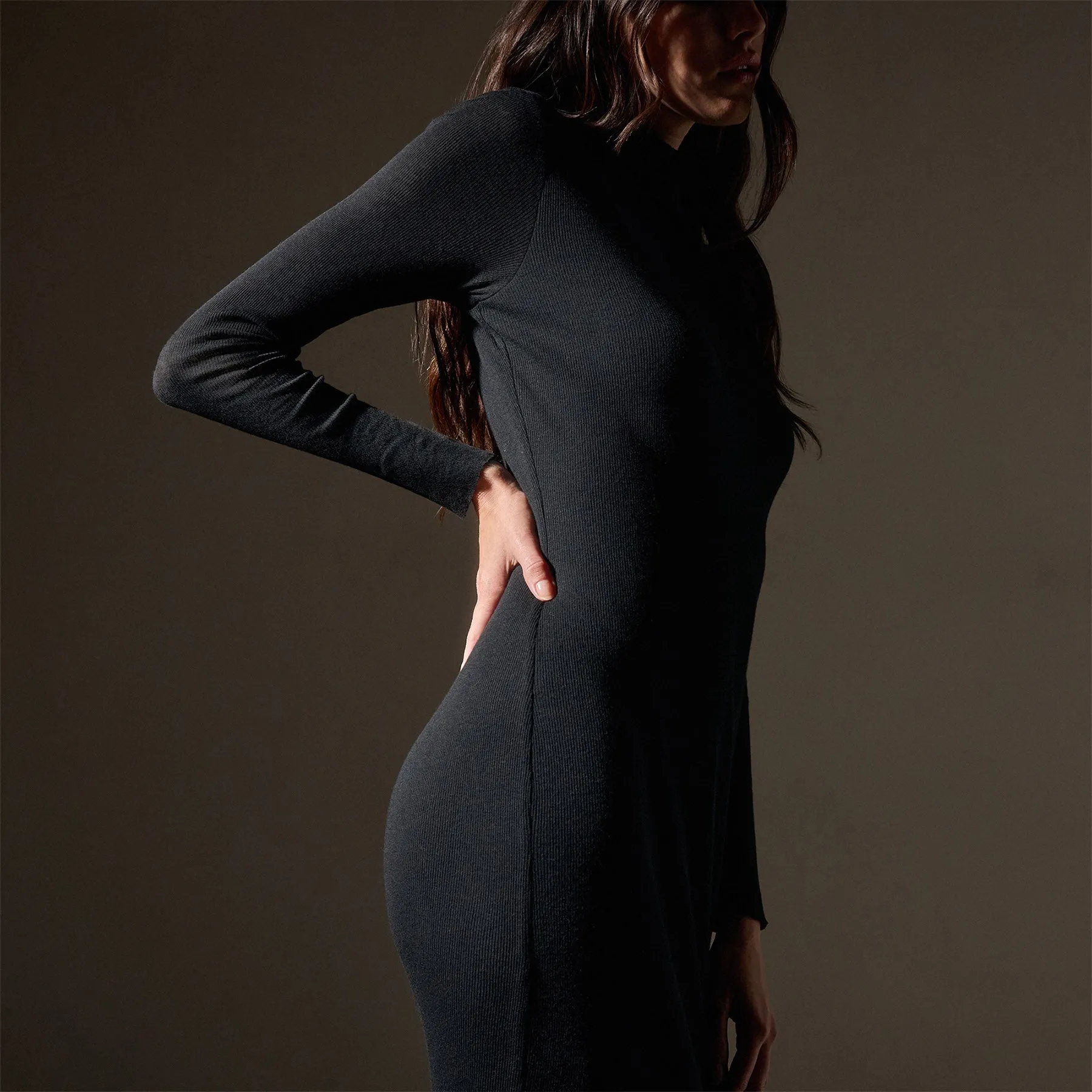 Cotton Cashmere Blend Rib Funnel Neck Dress - Black