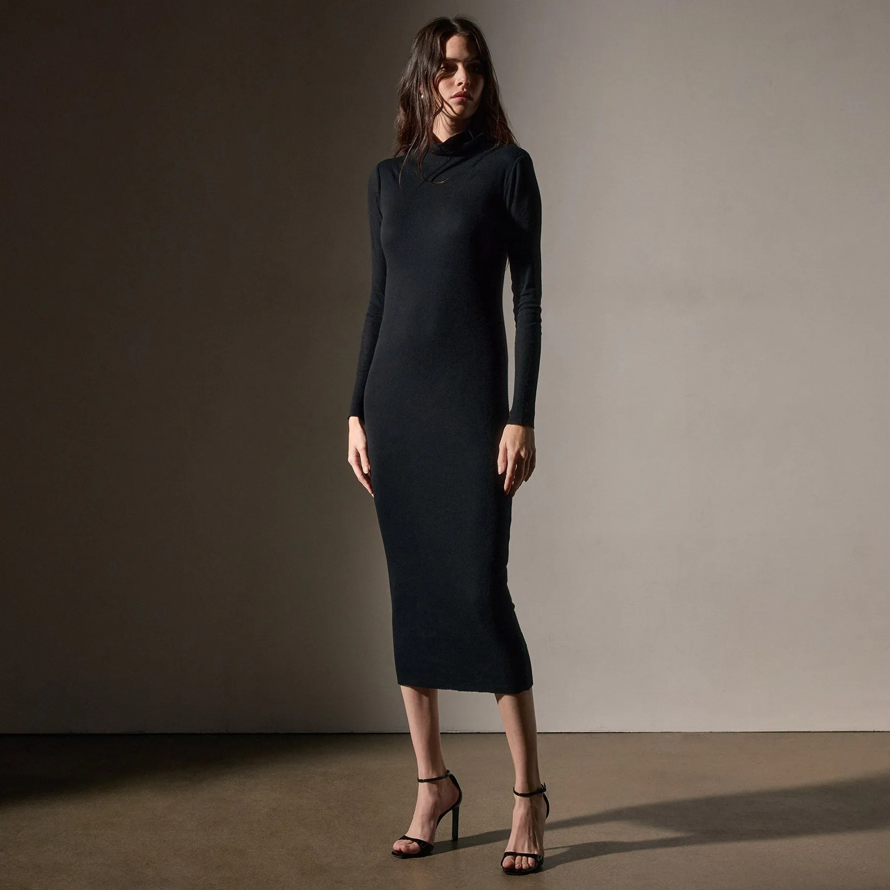 Cotton Cashmere Blend Rib Funnel Neck Dress - Black