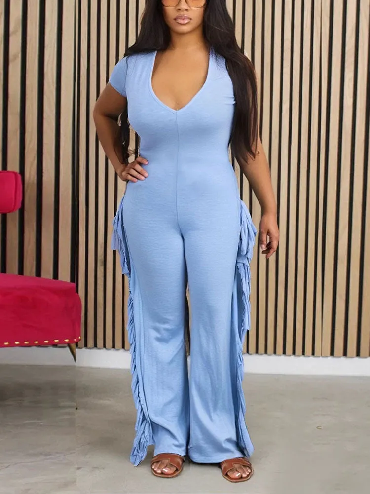 Cotton Fringe Flare Jumpsuit