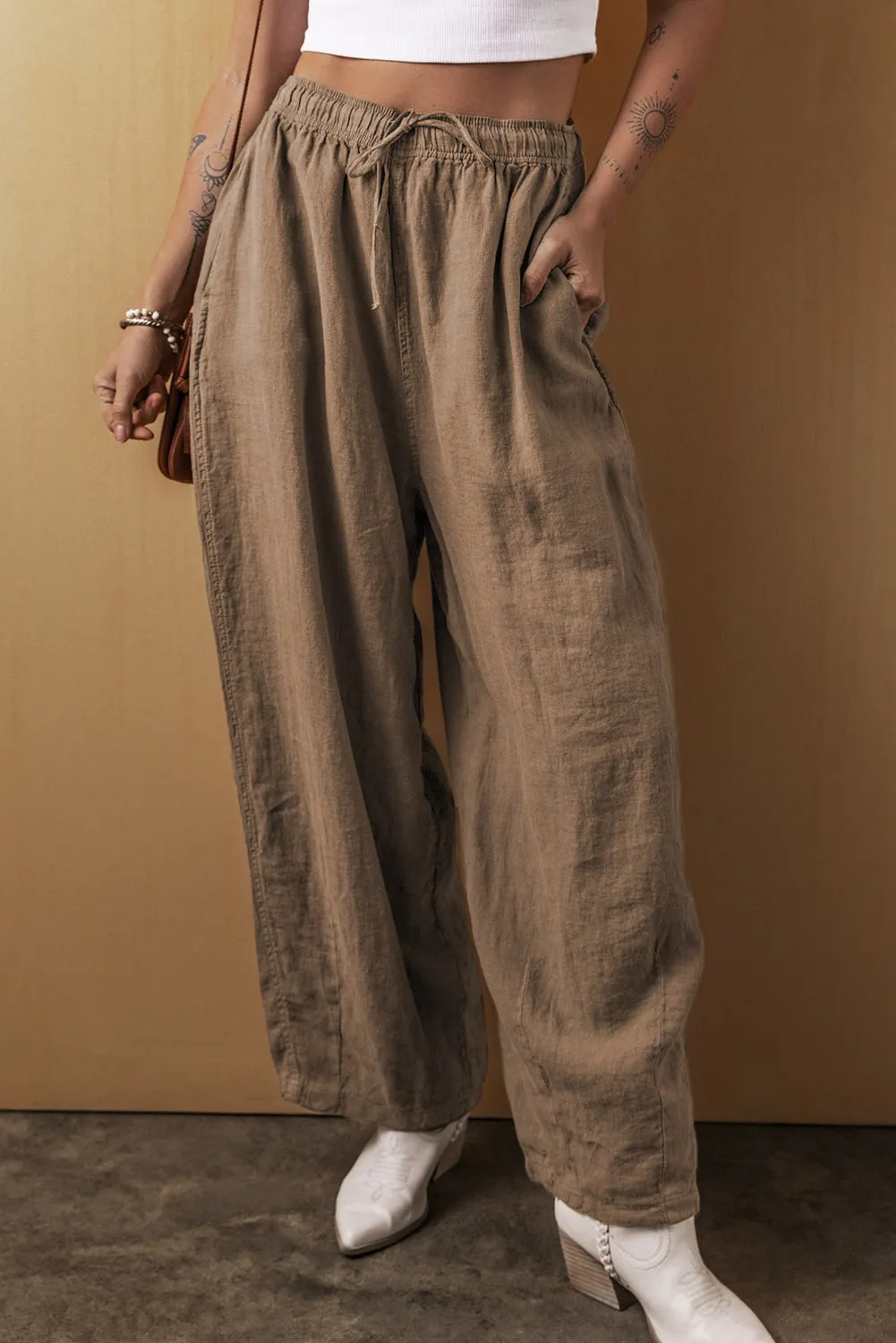 Cotton Linen Waist Wide Leg Pants