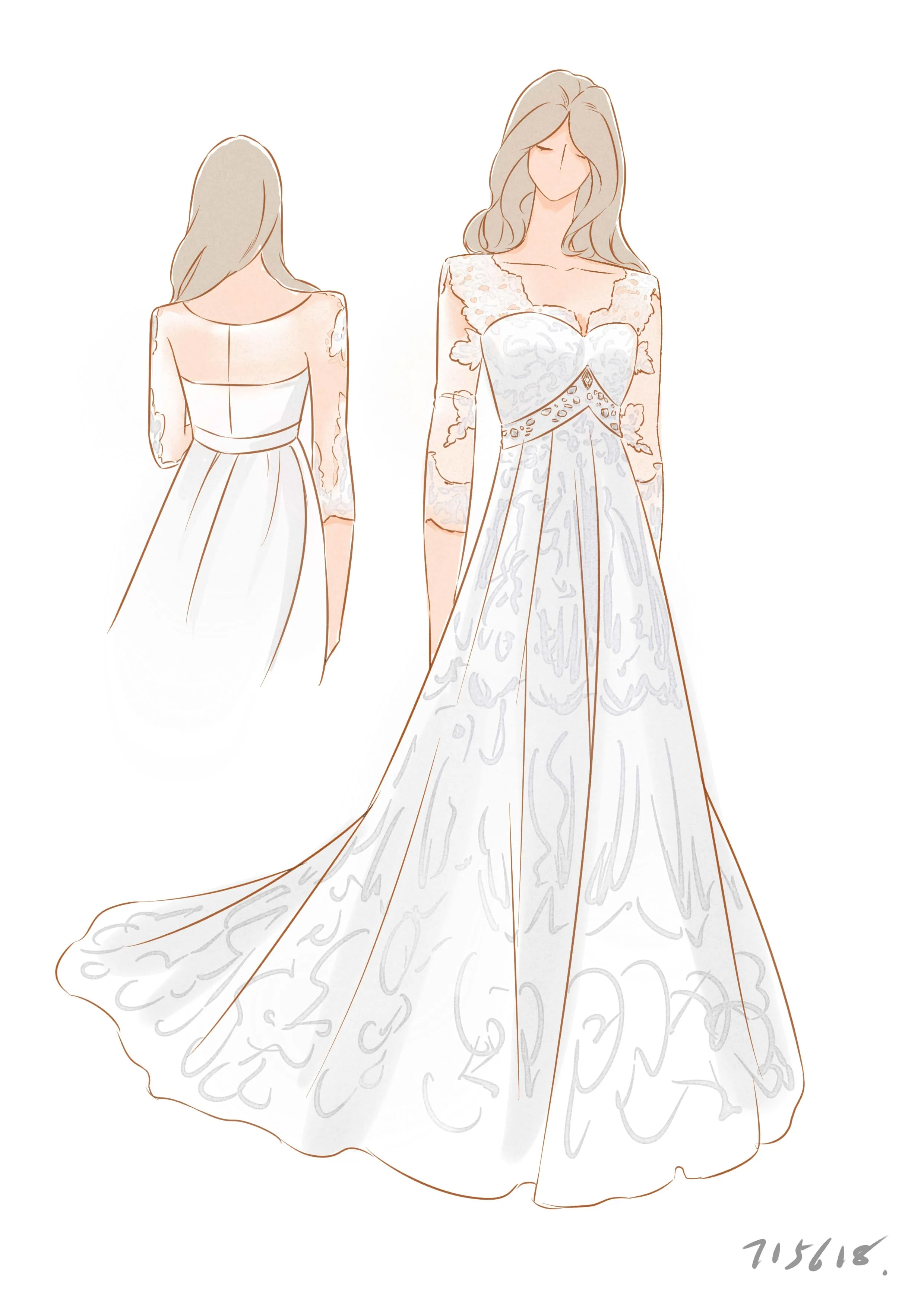 Country Style Plus Size Lace V-neck 3-4 Sleeve Wedding Dress with Court-train-715618