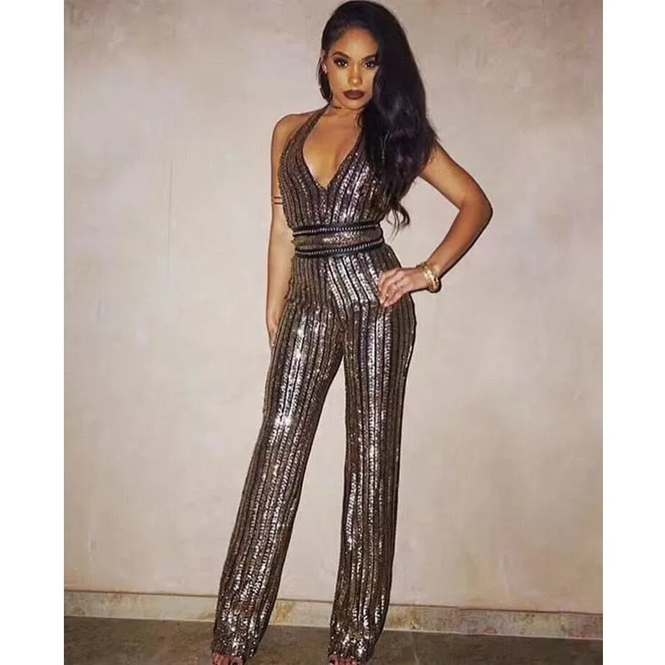 creamtopmall Golden Glitter V-Neck Jumpsuit Women   Skinny Backless Bodycon Jumpsuits Ladies Elegant Party Overalls Clubwear