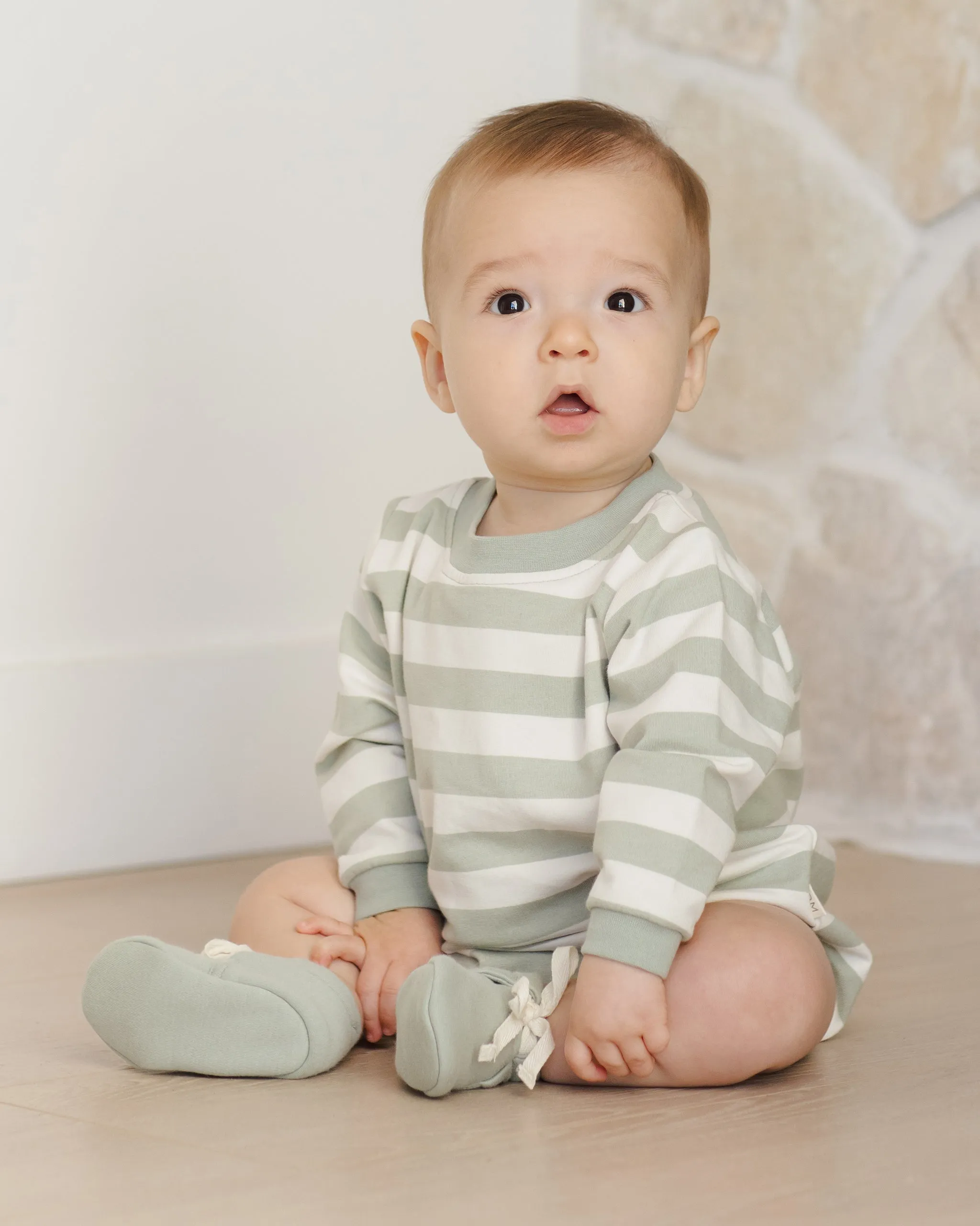 Crewneck Bubble Romper || Sage Stripe
