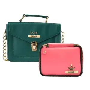 Customized Women's Buttoned Leather Bag   Mini Make up Kit - Green Pink