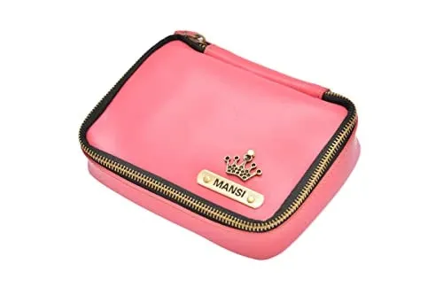 Customized Women's Buttoned Leather Bag   Mini Make up Kit - Green Pink