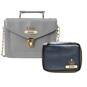 Customized Women's Buttoned Leather Bag   Mini Make up Kit - Grey Royal Blue