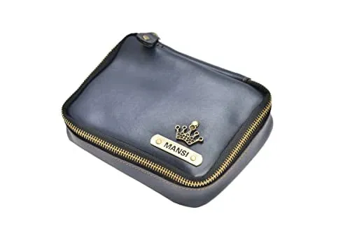 Customized Women's Buttoned Leather Bag   Mini Make up Kit - Grey Royal Blue
