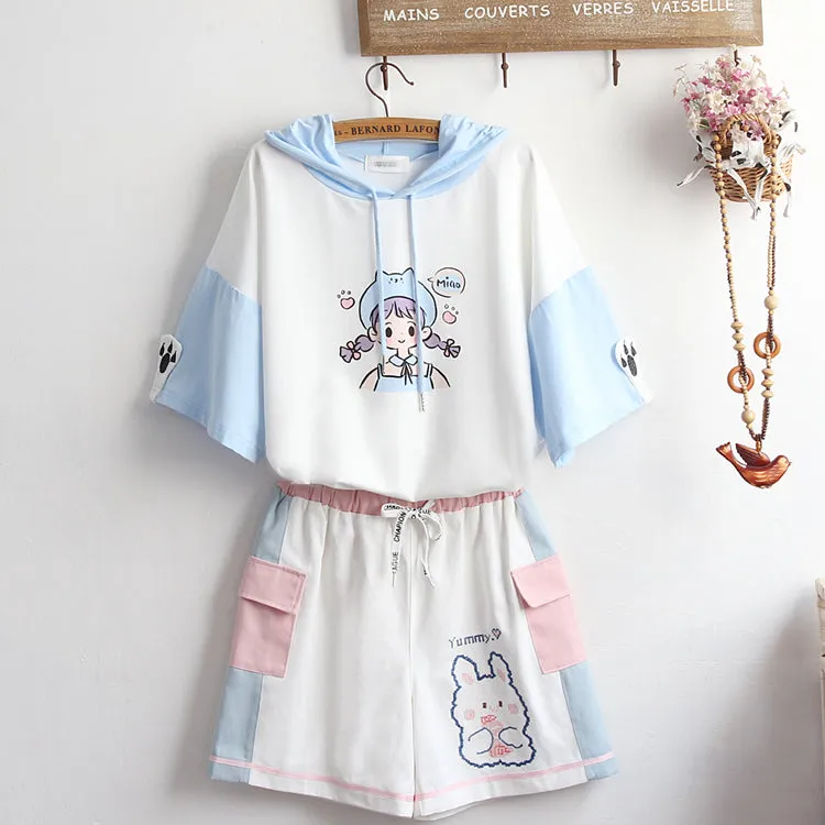 Cute printed embroidered hoodie   shorts YC24361