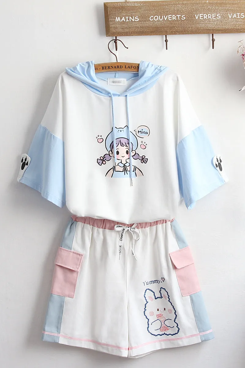 Cute printed embroidered hoodie   shorts YC24361