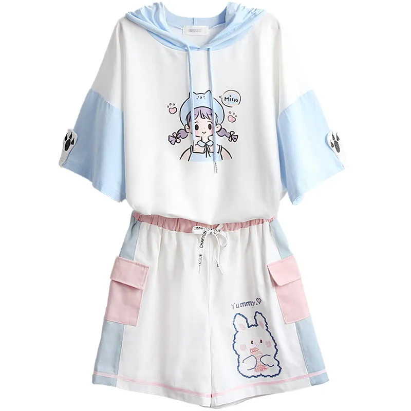 Cute printed embroidered hoodie   shorts YC24361