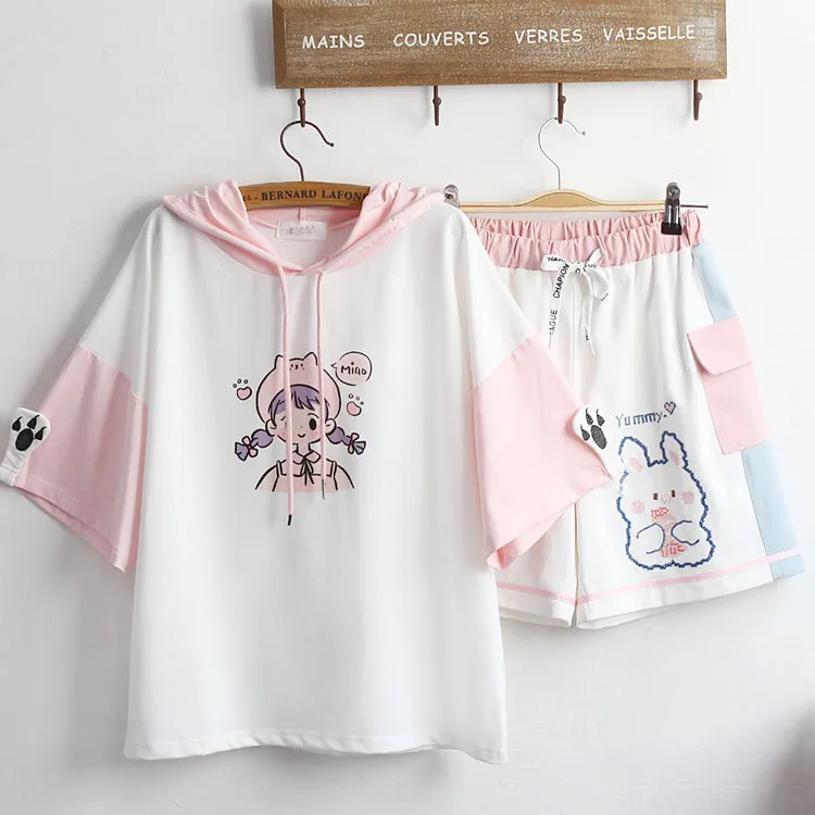 Cute printed embroidered hoodie   shorts YC24361
