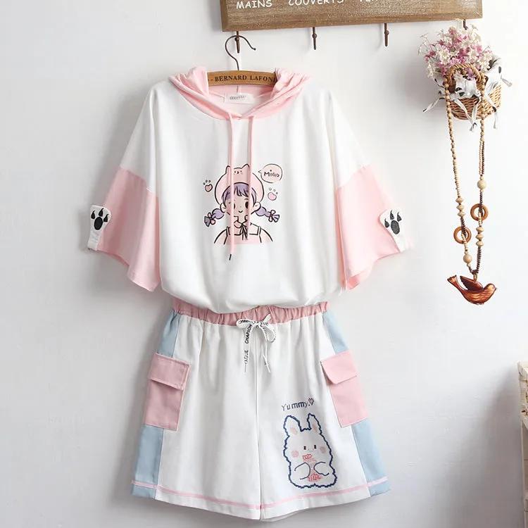 Cute printed embroidered hoodie   shorts YC24361
