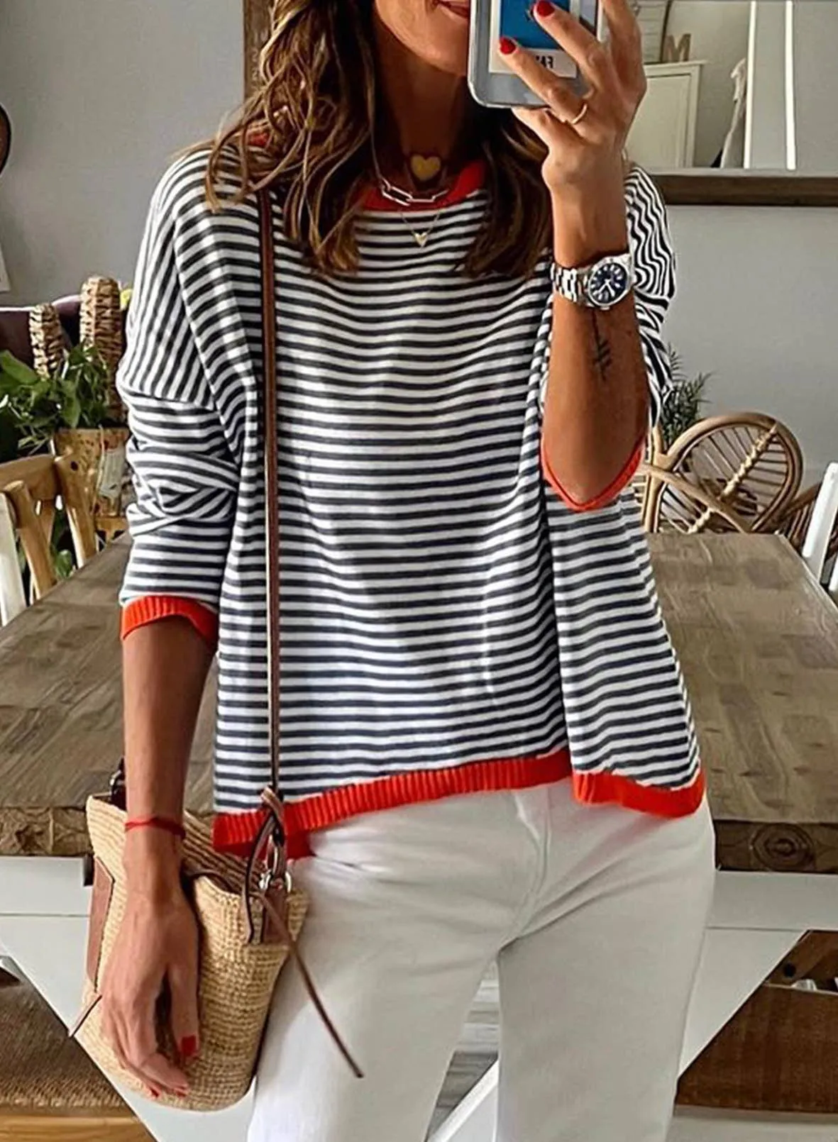 CWOSWL0811_ Long Sleeve Loose Neck Pullover Sweater: White / (M) 1