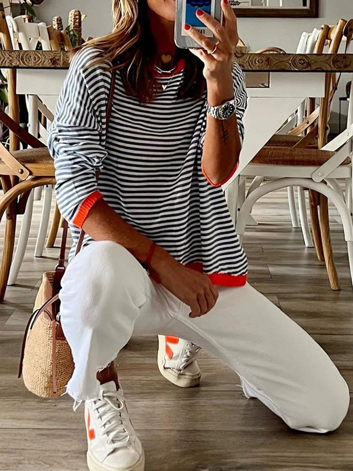 CWOSWL0811_ Long Sleeve Loose Neck Pullover Sweater: White / (M) 1