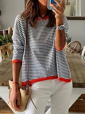 CWOSWL0811_ Long Sleeve Loose Neck Pullover Sweater: White / (M) 1