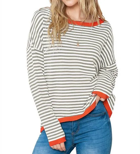 CWOSWL0811_ Long Sleeve Loose Neck Pullover Sweater: White / (M) 1