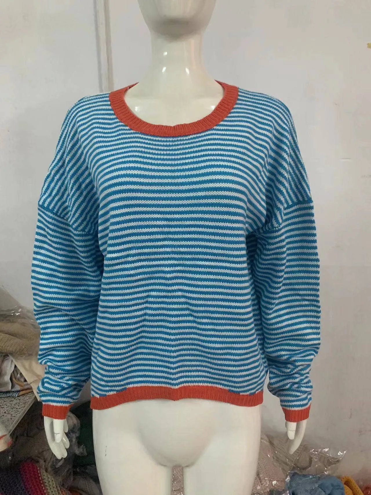 CWOSWL0811_ Long Sleeve Loose Neck Pullover Sweater: White / (M) 1