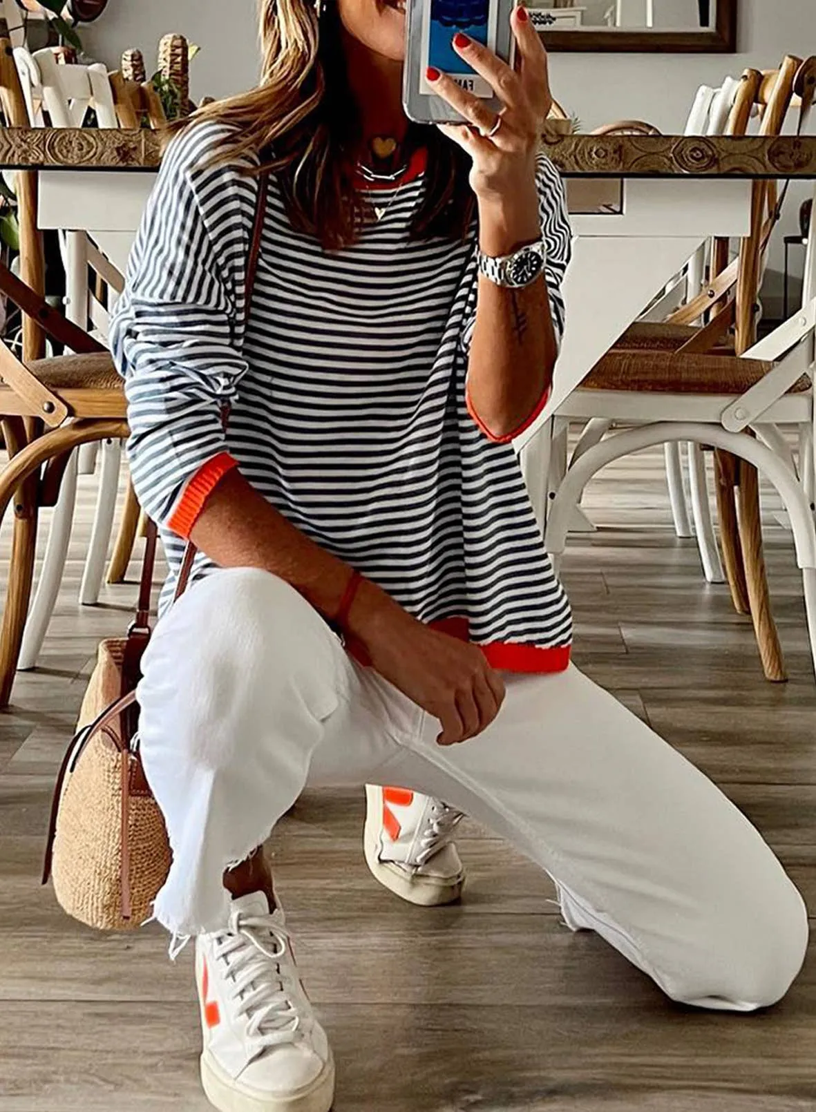CWOSWL0811_ Long Sleeve Loose Neck Pullover Sweater: White / (M) 1