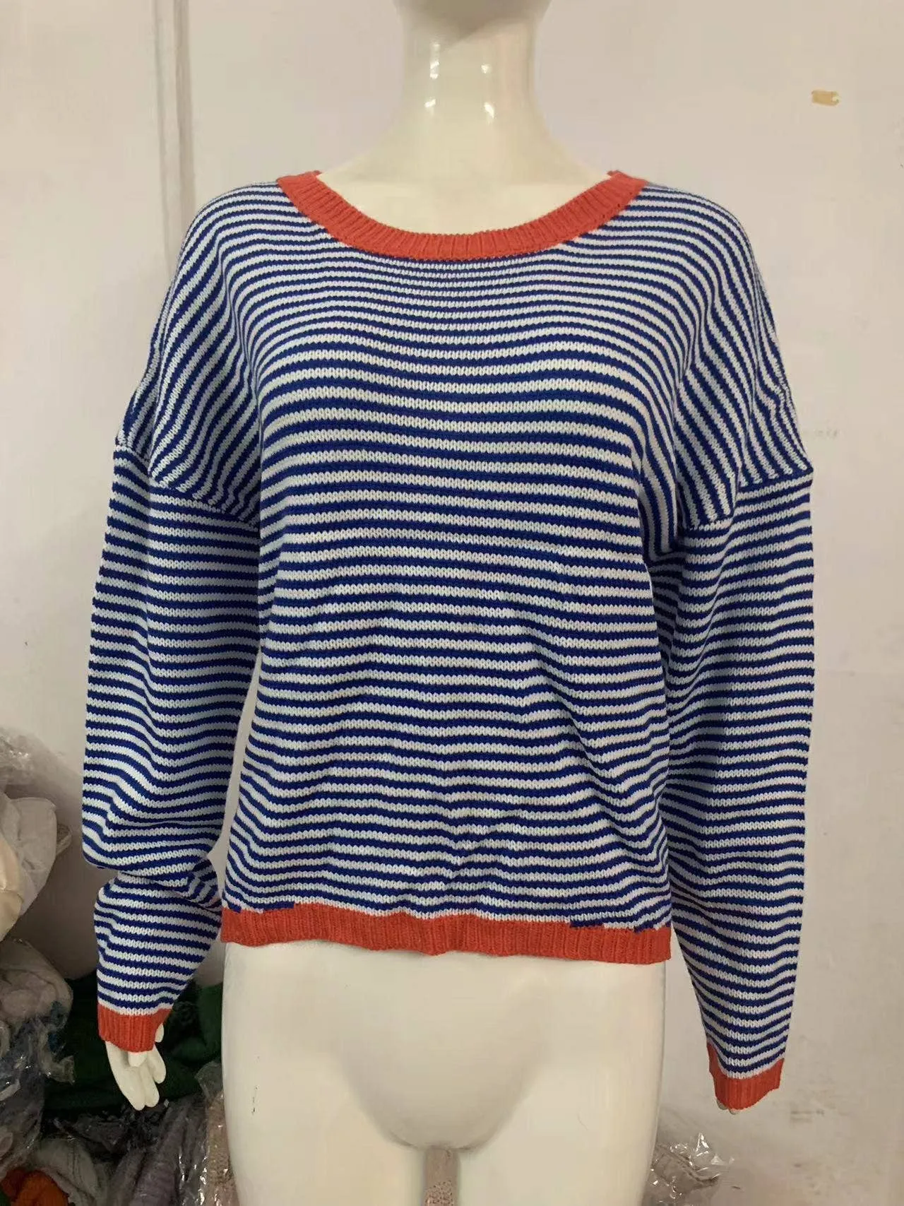 CWOSWL0811_ Long Sleeve Loose Neck Pullover Sweater: White / (M) 1