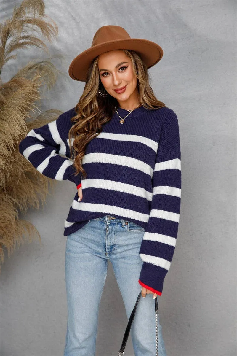 CWOSWL1709_Crew Neck Long Sleeve Striped Pullover Sweater: NAVY / (XL) 1