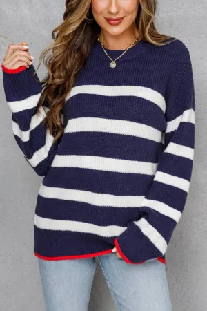 CWOSWL1709_Crew Neck Long Sleeve Striped Pullover Sweater: NAVY / (XL) 1